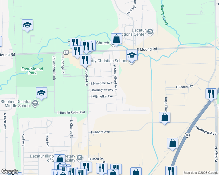 map of restaurants, bars, coffee shops, grocery stores, and more near 1708 East Barrington Avenue in Decatur