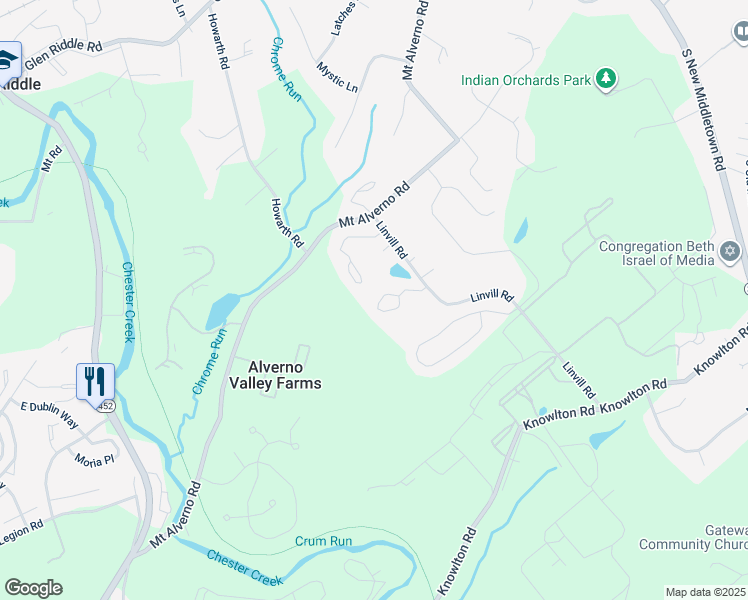 map of restaurants, bars, coffee shops, grocery stores, and more near 123 Cedar Court in Media
