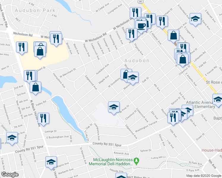 map of restaurants, bars, coffee shops, grocery stores, and more near 206 Cedarcroft Avenue in Audubon