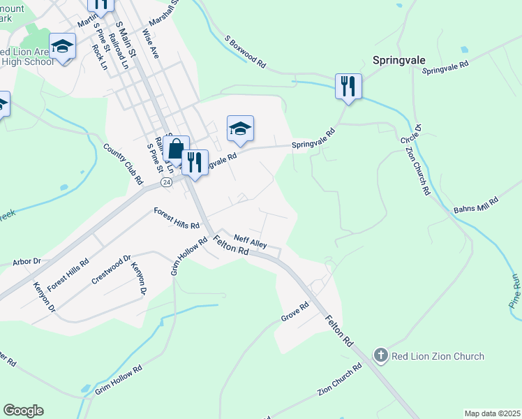 map of restaurants, bars, coffee shops, grocery stores, and more near 940 Railroad Ave in Red Lion