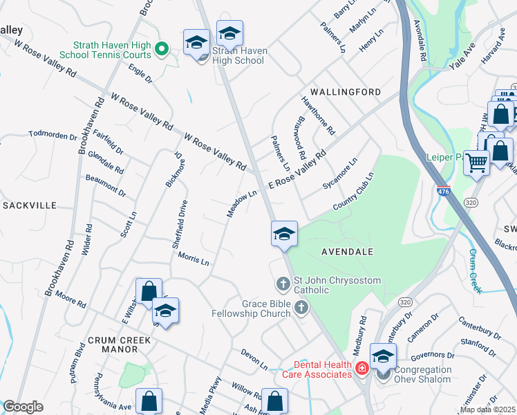 map of restaurants, bars, coffee shops, grocery stores, and more near 503 South Providence Road in Nether Providence Township