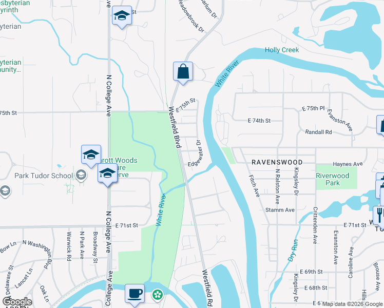map of restaurants, bars, coffee shops, grocery stores, and more near 1059 Ruth Drive in Indianapolis