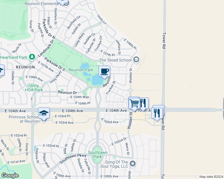 map of restaurants, bars, coffee shops, grocery stores, and more near 10481 Truckee Street in Commerce City