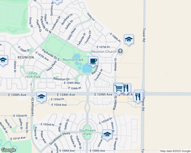 map of restaurants, bars, coffee shops, grocery stores, and more near 10481 Truckee Street in Commerce City