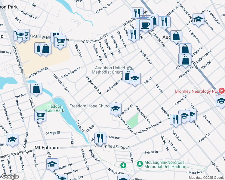 map of restaurants, bars, coffee shops, grocery stores, and more near 206 Cedarcroft Avenue in Audubon