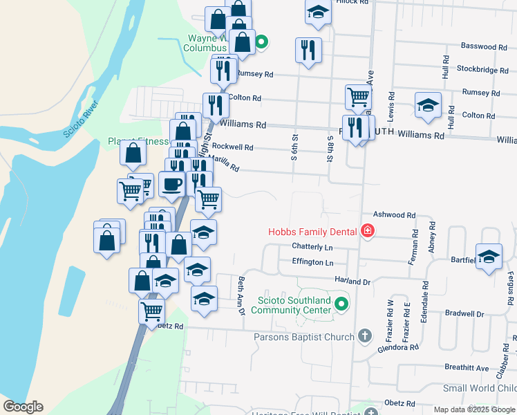 map of restaurants, bars, coffee shops, grocery stores, and more near 155 Highview Boulevard in Columbus