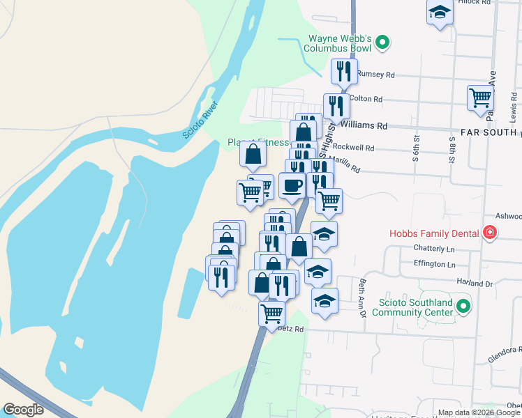 map of restaurants, bars, coffee shops, grocery stores, and more near 3637 S High St in Columbus