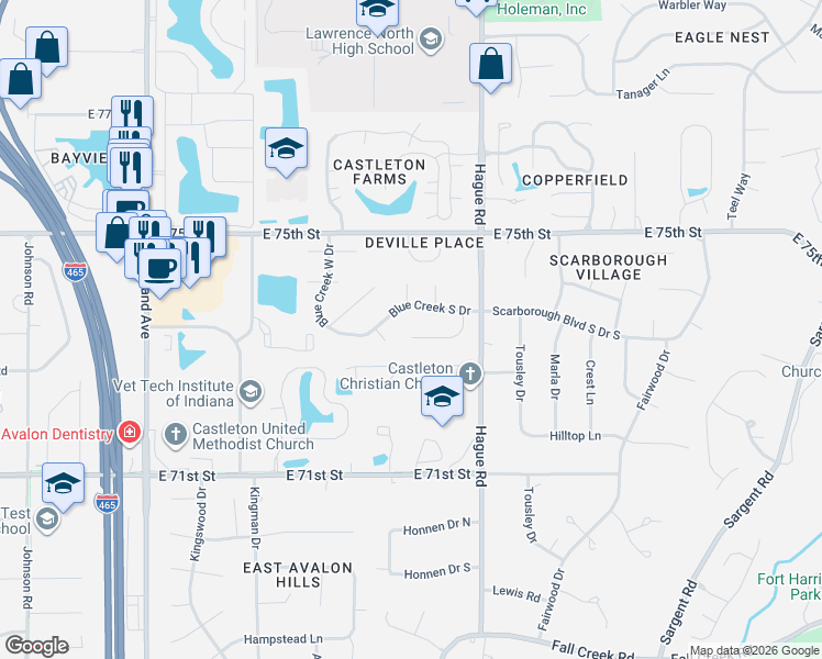 map of restaurants, bars, coffee shops, grocery stores, and more near 7524 Iron Horse Lane in Indianapolis