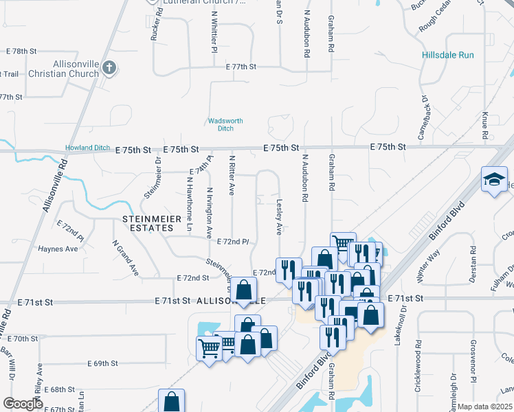 map of restaurants, bars, coffee shops, grocery stores, and more near 7338 North Layman Avenue in Indianapolis