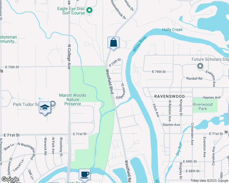 map of restaurants, bars, coffee shops, grocery stores, and more near 1059 Ruth Drive in Indianapolis