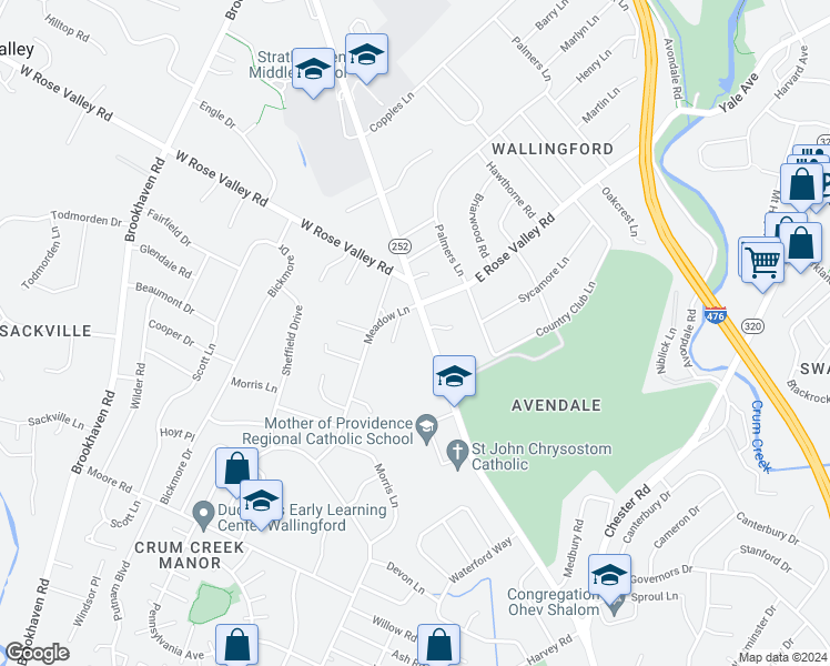 map of restaurants, bars, coffee shops, grocery stores, and more near 503 South Providence Road in Nether Providence Township