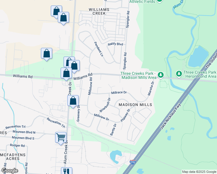 map of restaurants, bars, coffee shops, grocery stores, and more near 3901 Barley Circle in Columbus