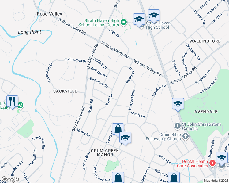 map of restaurants, bars, coffee shops, grocery stores, and more near 412 Scott Lane in Delaware County