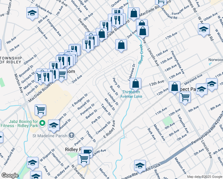 map of restaurants, bars, coffee shops, grocery stores, and more near 414 Buse Street in Ridley Park