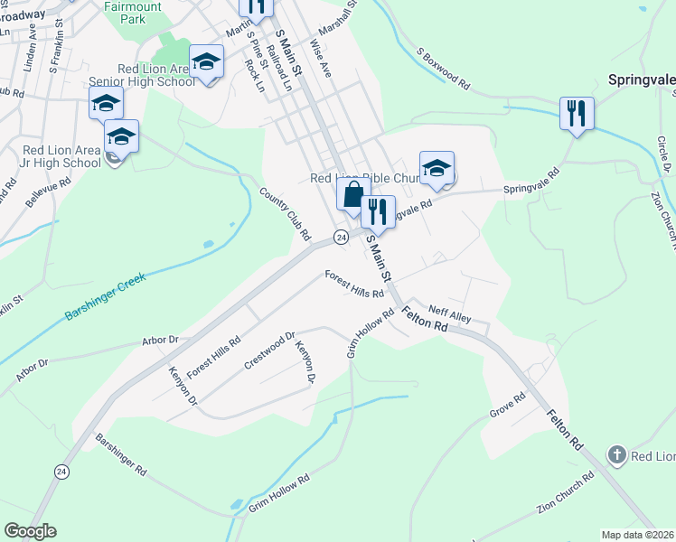 map of restaurants, bars, coffee shops, grocery stores, and more near 15 Forest Hills Road in Red Lion