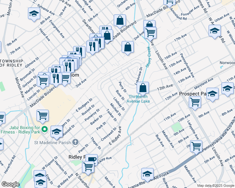 map of restaurants, bars, coffee shops, grocery stores, and more near 414 Buse Street in Ridley Park