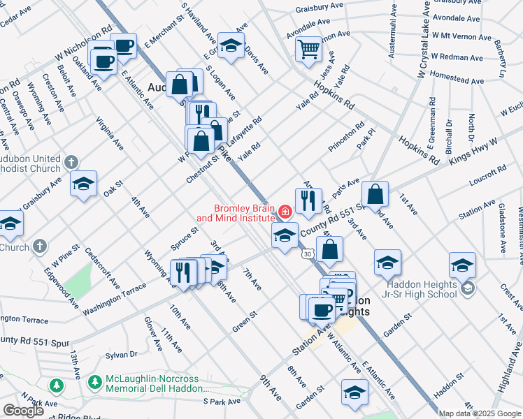 map of restaurants, bars, coffee shops, grocery stores, and more near 622 South White Horse Pike in Audubon
