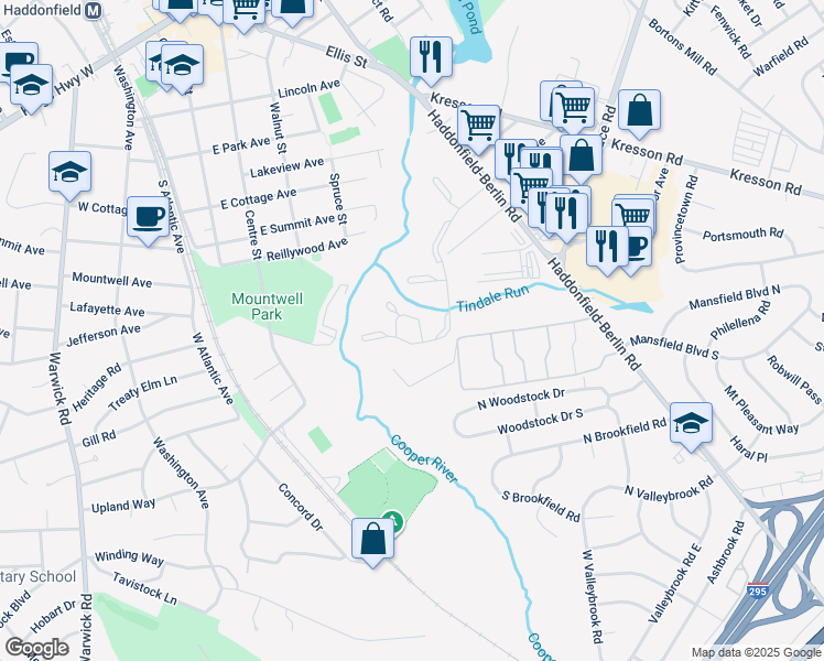 map of restaurants, bars, coffee shops, grocery stores, and more near 385 Tavistock in Cherry Hill