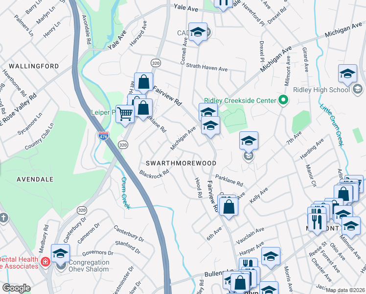 map of restaurants, bars, coffee shops, grocery stores, and more near 1411 Parklane Road in Swarthmore
