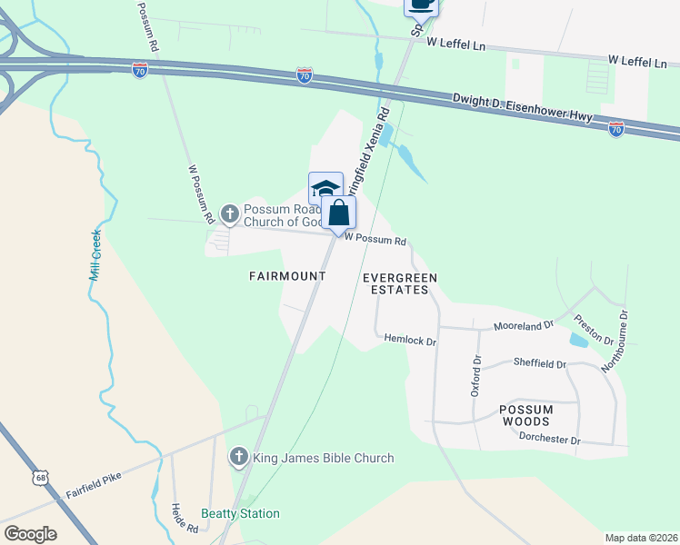 map of restaurants, bars, coffee shops, grocery stores, and more near 2634 Springfield Xenia Road in Springfield