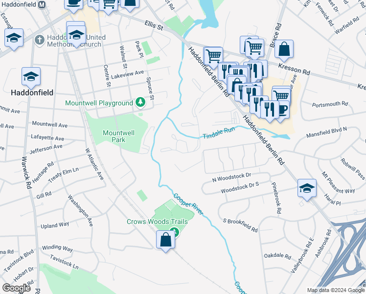 map of restaurants, bars, coffee shops, grocery stores, and more near 385 Tavistock in Cherry Hill