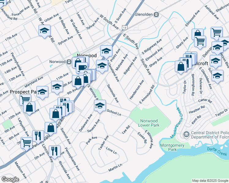 map of restaurants, bars, coffee shops, grocery stores, and more near 151 Seminole Avenue in Norwood