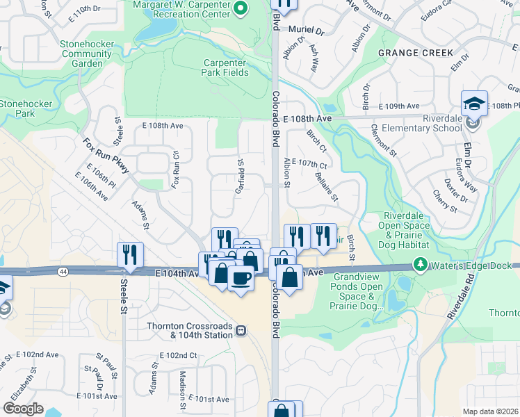 map of restaurants, bars, coffee shops, grocery stores, and more near 133 Covington Ridge in Thornton