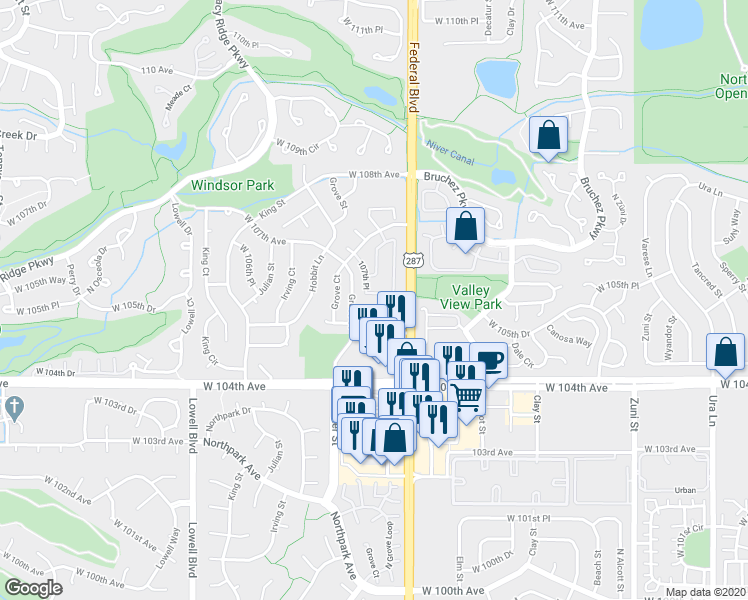 map of restaurants, bars, coffee shops, grocery stores, and more near 3082 West 107th Place in Westminster