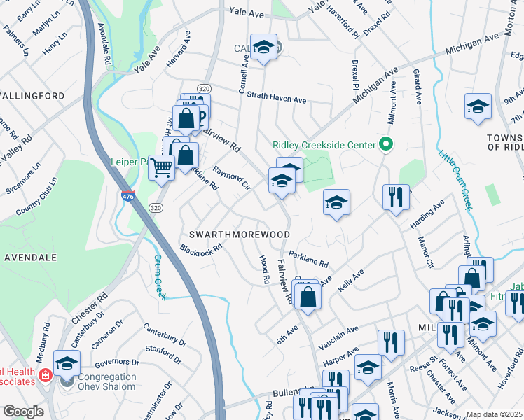 map of restaurants, bars, coffee shops, grocery stores, and more near 1411 Parklane Road in Swarthmore