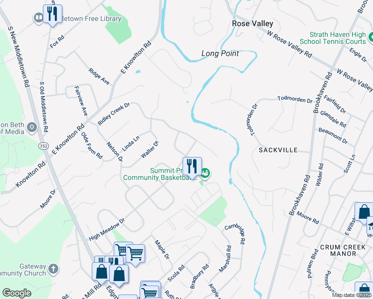 map of restaurants, bars, coffee shops, grocery stores, and more near 701 Meadowwood Lane in Media