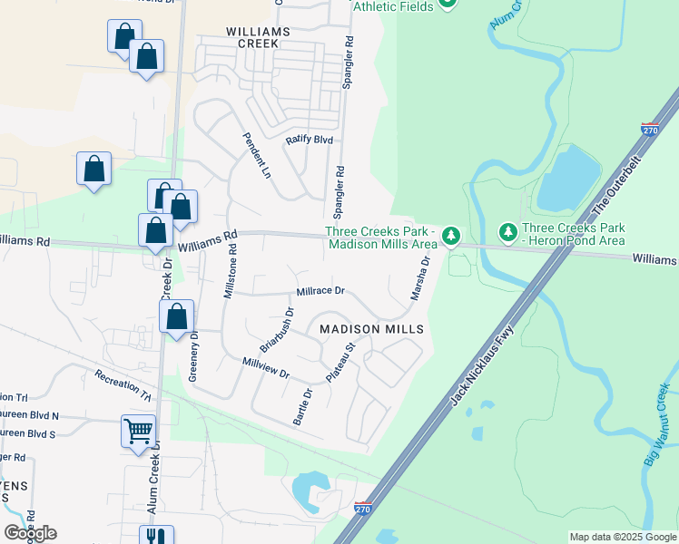 map of restaurants, bars, coffee shops, grocery stores, and more near 3910 Chaney Place in Columbus