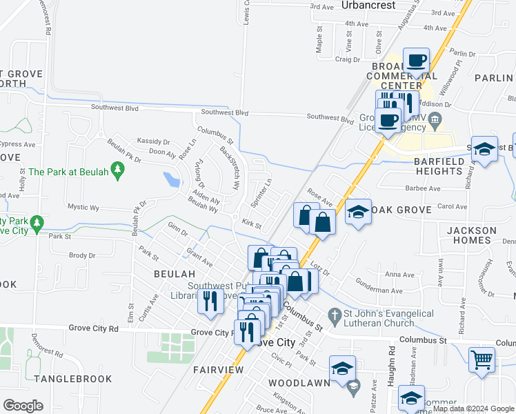 map of restaurants, bars, coffee shops, grocery stores, and more near 3755 Broadway in Grove City