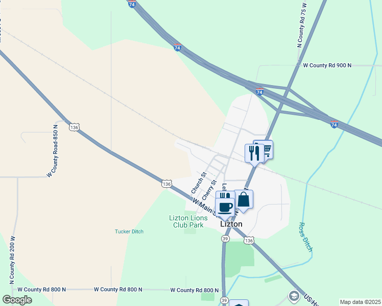 map of restaurants, bars, coffee shops, grocery stores, and more near 522 W 2nd Street in Lizton