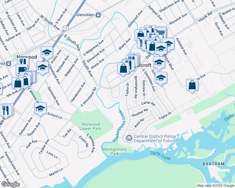 map of restaurants, bars, coffee shops, grocery stores, and more near 742 Windsor Circle in Folcroft