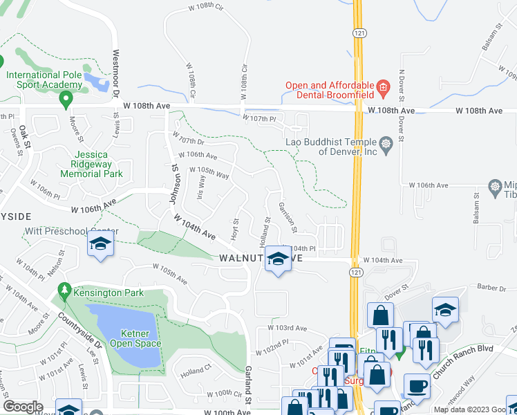 map of restaurants, bars, coffee shops, grocery stores, and more near 10521 Holland Street in Westminster