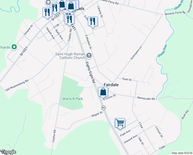 map of restaurants, bars, coffee shops, grocery stores, and more near 100 Nemacolin Road in Carmichaels