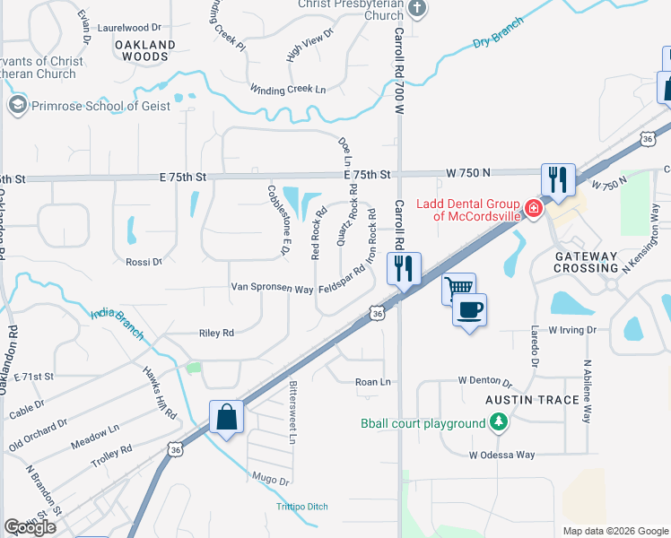 map of restaurants, bars, coffee shops, grocery stores, and more near 7314 Quartz Rock Road in Indianapolis