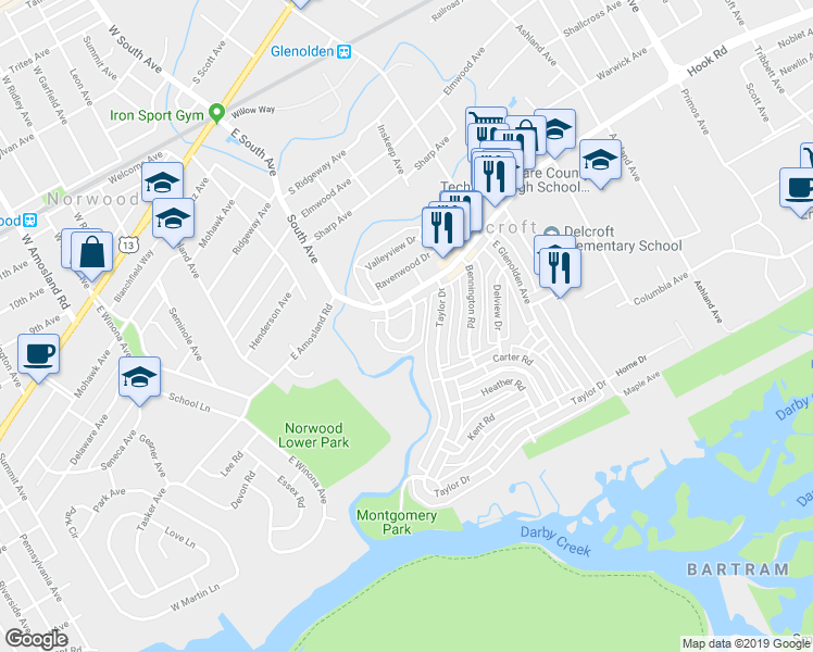 map of restaurants, bars, coffee shops, grocery stores, and more near 742 Windsor Circle in Folcroft
