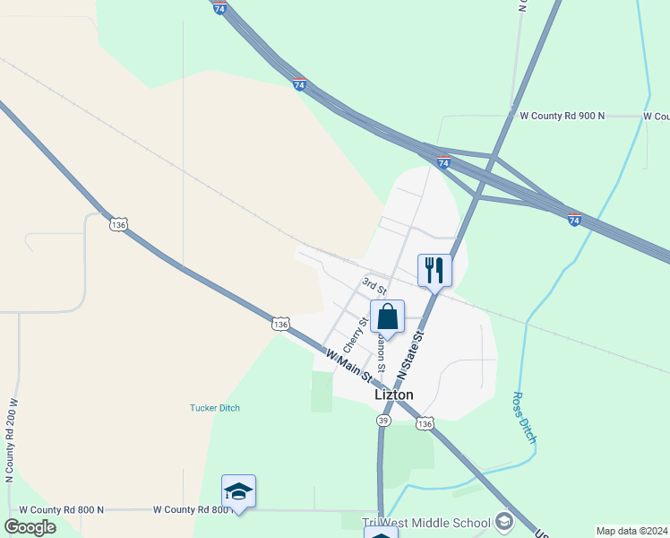 map of restaurants, bars, coffee shops, grocery stores, and more near 522 West 2nd Street in Lizton