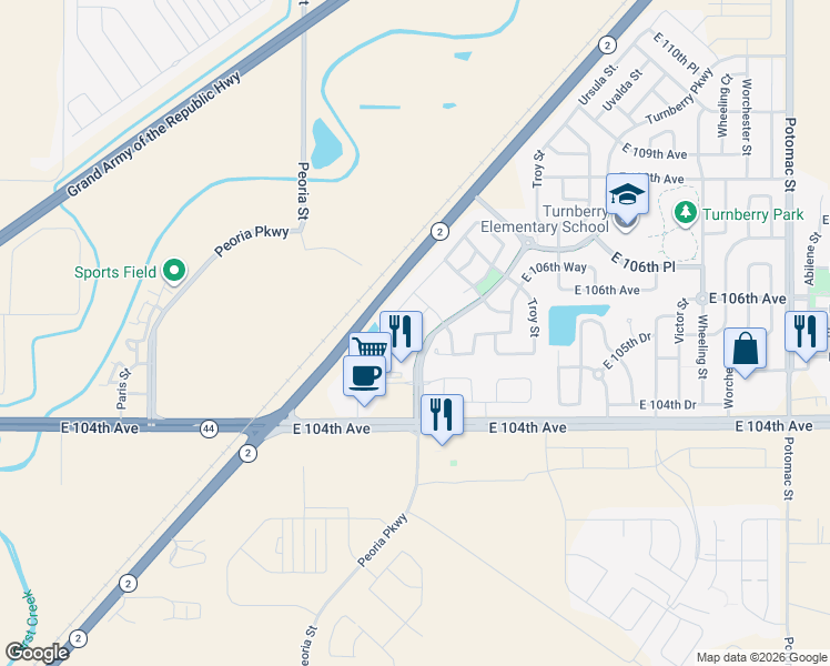 map of restaurants, bars, coffee shops, grocery stores, and more near 10536 Racine Way in Commerce City