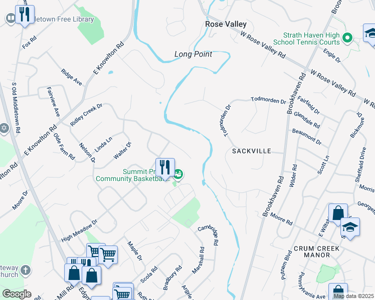map of restaurants, bars, coffee shops, grocery stores, and more near 805 Ridley Creek Drive in Media
