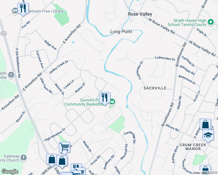 map of restaurants, bars, coffee shops, grocery stores, and more near 810 Ridley Creek Drive in Media