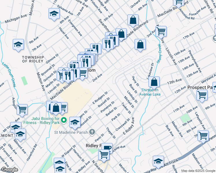 map of restaurants, bars, coffee shops, grocery stores, and more near 716 Tasker Street in Ridley Park