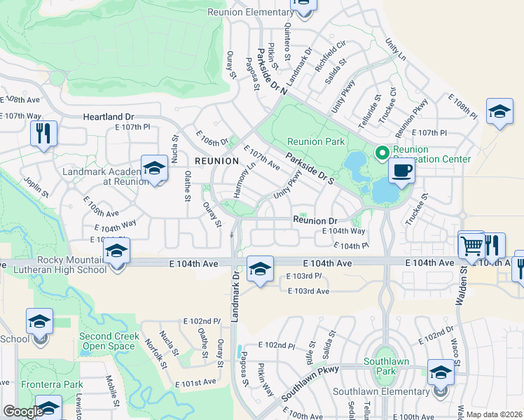 map of restaurants, bars, coffee shops, grocery stores, and more near 10576 Unity Parkway in Commerce City