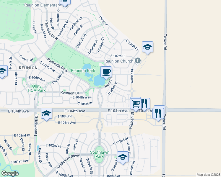 map of restaurants, bars, coffee shops, grocery stores, and more near 10481 Truckee Street in Commerce City