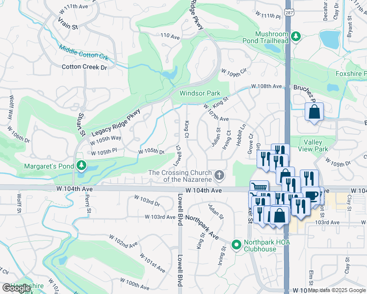 map of restaurants, bars, coffee shops, grocery stores, and more near 10535 King Court in Westminster