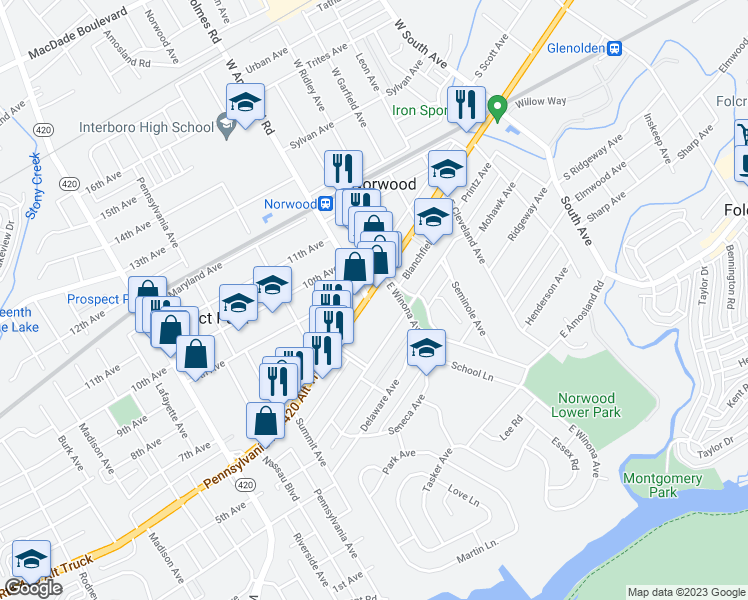 map of restaurants, bars, coffee shops, grocery stores, and more near 522 Chester Pike in Norwood