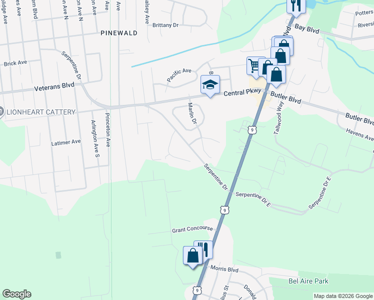 map of restaurants, bars, coffee shops, grocery stores, and more near 61 Serpentine Drive in Berkeley Township