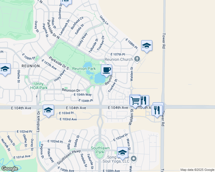 map of restaurants, bars, coffee shops, grocery stores, and more near 10481 Truckee Street in Commerce City