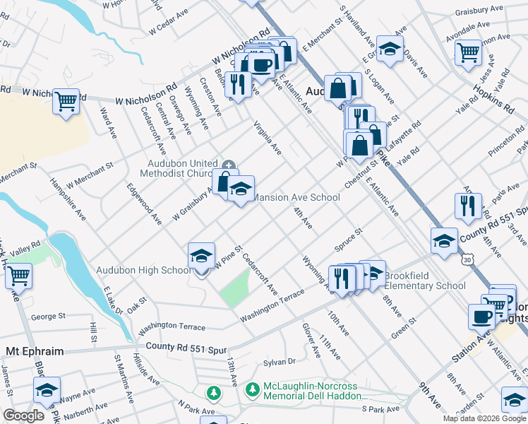 map of restaurants, bars, coffee shops, grocery stores, and more near 257 Wyoming Avenue in Audubon